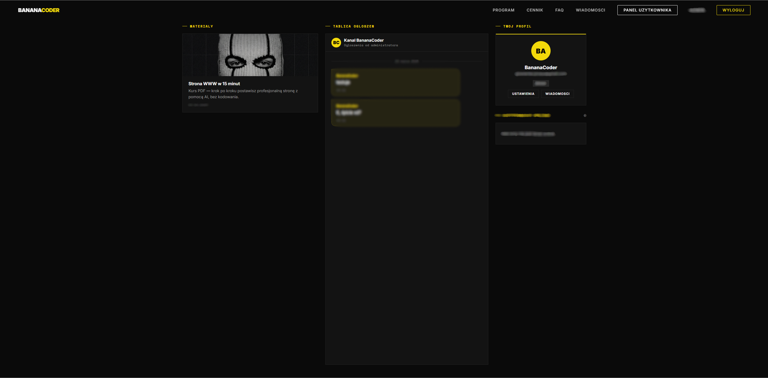 Aplikacja BananaCoder — panel członka zamkniętej grupy